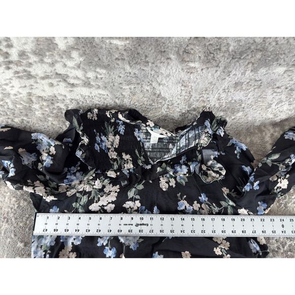 H&M Sz L Dark Floral Ruffle Blouse V-Neck Top Black Cottagecore - Picture 4 of 8